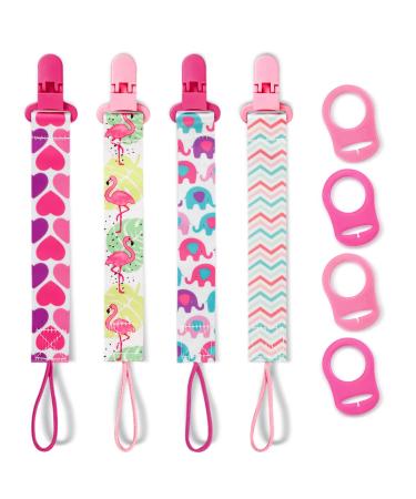 4 Pack Pacifier Clips for Girls Dummy Clips Girls with Adapters Silicone Binky Clips for Baby Teething Toys Baby Shower Pink