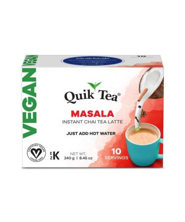 QuikTea Vegan Masala Chai Tea Latte - 10 Count Single Box - All Natural & Preservative Free Authentic Instant Chai Vegan Masala 10 Count (Pack of 1)