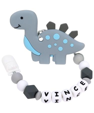 Personalized teether Stroller Clip with Name (Stegosaurus Grey)