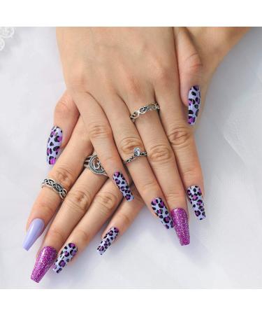 Sethexy Long Purple Ballerina False Nails - Leopard Sparkle Acrylic Nail Tips (24pcs) for Women & Girls - Buy Online on GoSupps.com