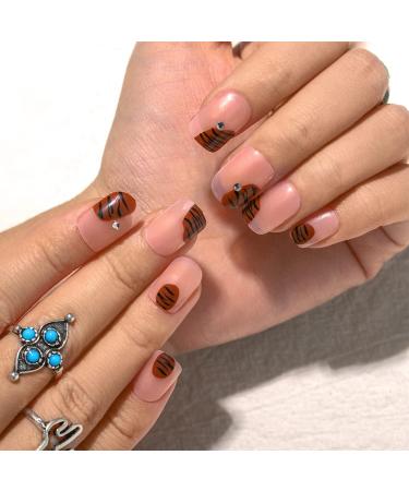 Sethexy Bling False Nails - Strass Tiger Stripe Pink Square Acrylic Nails (24 pcs) for Women & Girls | Trendy Short Fingernails - Buy Online on GoSupps.com