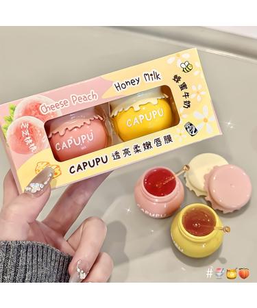 Baorder 2PCS Bee Lip Balm Honey Pot Hydrating Honey & Peach Lip Mask Moisturizing Lip Sleeping Prevention Dry and Cracked Reduce Lip Lines