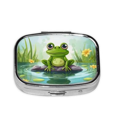 Frog in A Pond Printing 2 Compartment Small Pill Case Cute Small Pill Box Purse Pill Boxs Travel Pill Organizer for Pocket Purse and Travel Gifts