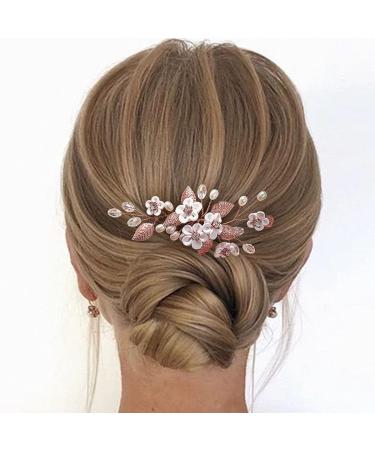 Yikisdy Brides Wedding Flower Hair Pins Rose Gold Leaf Hair Pieces Crystal Head Clip Bridal Hair Accessories for Women and Girls