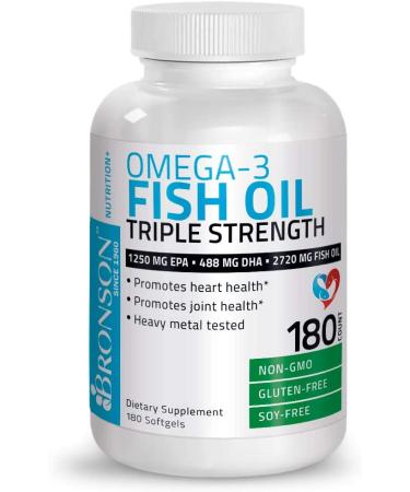 Bronson Omega-3 Fish Oil Triple Strength 2720mg High EPA 1250mg DHA 488mg Non-GMO Heavy Metal Tested - 180 Softgels - Buy Online on GoSupps.com