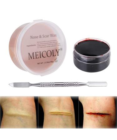 MEICOLY Scar Wax Kit(1.67Oz),Fake Blood Special Effects Scab Coagulated Blood Gel(1.06Oz),Fake Wound Molding Modeling Scar Wax with Spatula,SFX Halloween Stage Makeup Skin Wax,01 01 scar wax set