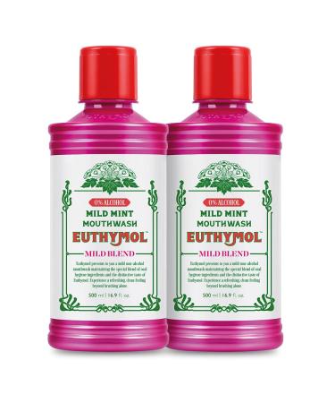 Euthymol Mouthwash Mild Mint 500ml X 2 Contains Flouride Alcohol-Free Distinctive Strong Taste Flavour Reduce Plaque Gingival Clean Healty Teeth Gums Freshens Breath Refreshing Oral Dental Care Mild Mint 500 ml (2 Series Pack)