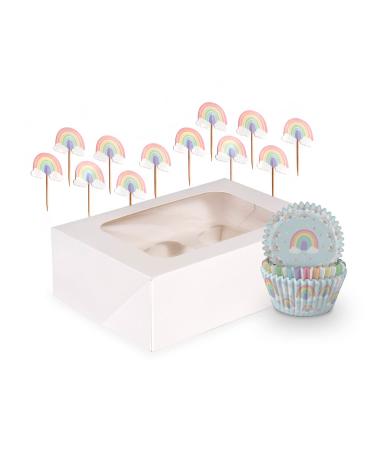 Anniversary House Rainbow Cupcake Decoration Kit 75 Cupcake Cases and 12 Toppers Cupcake Box 6 Hole with Window Rainbow Cake Toppers Pastel Rainbow Party Decorations AMZ013