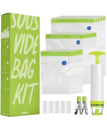 Sous Vide Bags Kit, RIIMONE 23 pack Reusable Vacuum Food Storage Bags with 3 Sizes Vacuum Food Bags,1 Hand Pump,5 Sealing Clips and 2 Clamps for Food Storage and Sous Vide Cooking