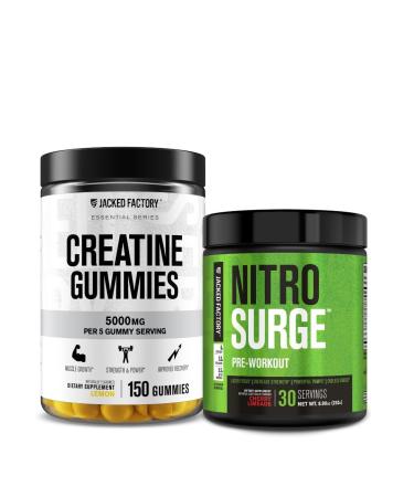 Jacked Factory Creatine Monohydrate Gummies (150 Gummies Lemon) & Nitrosurge Pre Workout Supplement (30 Servings Cherry Limeade)