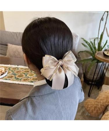 Women Bun Net Women Plate Hair Headdress Bow Hair Accessories(Beige Style 2)
