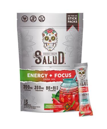 Salud 2-in-1 Energy and Focus Drink Powder, Strawberry Watermelon - 15 Servings, Organic Caffeine, B6 + B12, Theanine, Clean Energy Agua Fresca Mix, Non-GMO, Gluten Free, Vegan, Low Calorie