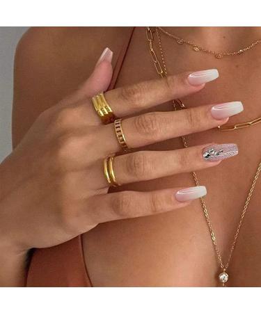 YOSOMK Gradient Nude & Rhinestones Short Press On Coffin Fake Nails - Glossy Ombre Ballerina Full Cover False Nails for Women - Buy Online on GoSupps.com