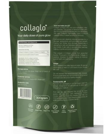 Collaglo Collagen Powder 100 Pure Collagen Peptides Type 1 2 and 3 300g For Healthy Hair Skin Nails Muscles and Joints Produced in the Netherlands Easily soluble - Buy Online on GoSupps.com