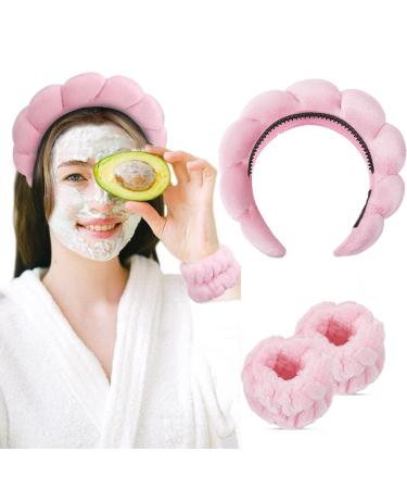 Lainlight Womens Spa Headband for Washing Face  Cute Makeup Headband Puffy Versed Bubble Skincare Headband Sponge Padded Face Wash Hair Band with Anti-Slip Strip Pink Pink