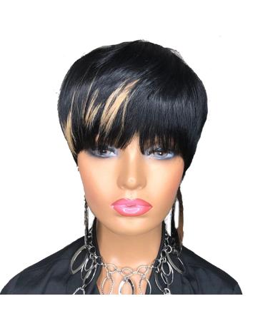 SAGA QUEEN Pixie Cut Wigs for Black Women Human Hair Brazilian Real Human Hair Short Layered Pixie Wigs with Bangs for Women Glueless None Lace Front Wig African American Full Machine Made Wig (1B27)