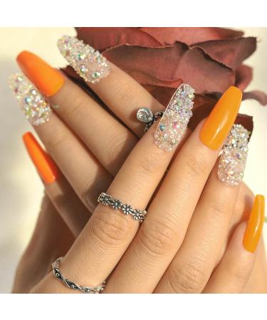 Sethexy Sparkle Long Ballerina False Nails - Shiny Bling Coffin Acrylic Press-On Nail Tips (24 pcs Orange) for Women & Girls - International Shipping - Buy Online on GoSupps.com
