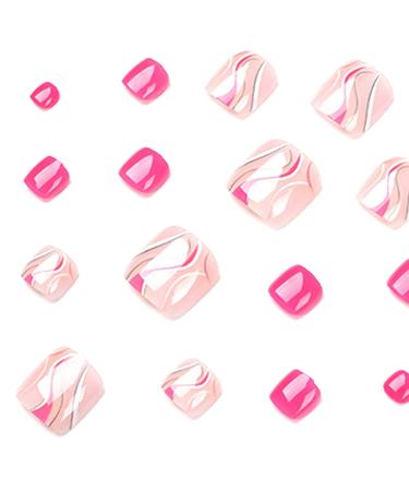 QINGGE Nude Pink Square Fake Toenails with Swirls Design - 24 pcs Glossy Acrylic Toe Nail Tips for Women - Buy Online on GoSupps.com