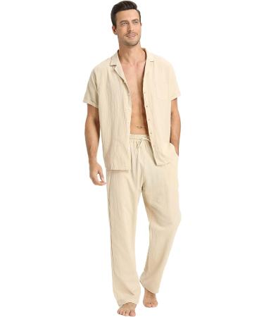 Men's Linen Shirt and Pants Set for Beach Weddings and Yoga - 2 Piece Short Sleeve Outfit - Buy Online on GoSupps.com