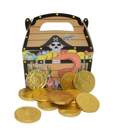 1x 100g of gold coins made of milk chocolate plus pirate treasure box made of cardboard I ideal as a patch and for children's birthday milk chocolate 2-part set