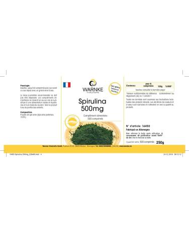 Spirulina 500 mg - 500 tablets - Vegetarian - algae spirulina powder -rich in Chlorophyll | Warnke Vitalstoffe - Quality from German pharmacies - Buy Online on GoSupps.com