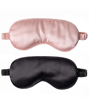 Silk Satin Sleep Eye Mask 2 Pack Soft Eye Mask for Sleeping Blackout Elastic Night Blindfold for Women and Men Black & Pink