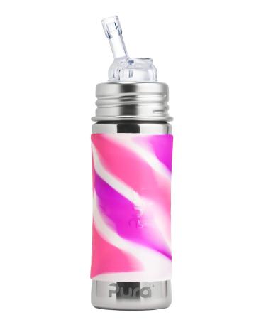 Pura Kiki 11oz/325ml Stainless Steel Straw Bottle w/Sleeve  100% Plastic-Free  MadeSafe Certified  100% Medical-Grade Silicone Straw for Kids  Toddlers  Preschoolers  Babies & Infant   Pink Swirl