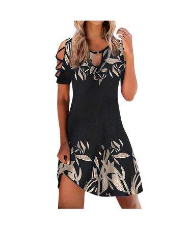 Gecau Women's Cold Shoulder Floral Dress, Casual Slimming Short Sleeve Ruffle Hem Split Beach Dresses Beige_1 XX-Large