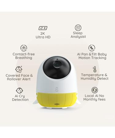 Simshine Baby Monitor with Night Vision Camera, AI Cry Alert, Lullabies, Breathing Detection, Temp & Humidity Monitoring - 2K HD Video, 2-Way Audio - Yellow - Buy Online on GoSupps.com