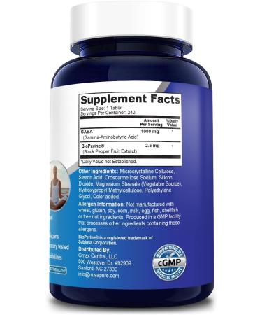 NusaPure GABA 1000mg 240 Tablets with Bioperine - Vegan, Non-GMO & Gluten-Free - Buy Online on GoSupps.com