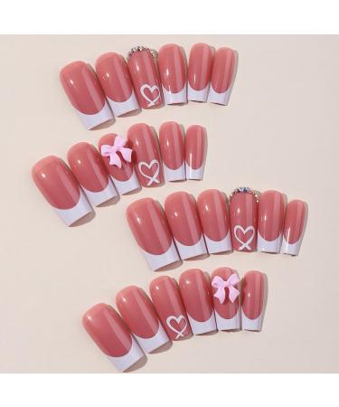 French Tip Press on Nails with Charms - Medium Long Square Acrylic Nails | Cute Bow & Rhinestones for Women - Daily Wear Perfect French Nails - Buy Online on GoSupps.com