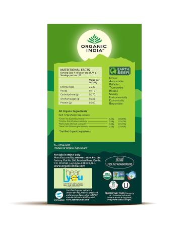 Organic India Tulsi Green Tea - 18 Infusion Bags (1.21 oz) | Stress Relief & Wellness - Buy Online on GoSupps.com