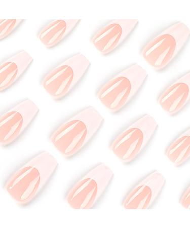 QINGGE Pink White French Tip Press on Nails - Long Coffin False Nails for Women | 24Pcs Glossy Acrylic Stick on Nails - Buy Online on GoSupps.com