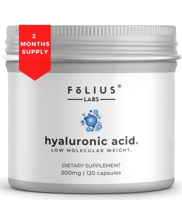 FOLIUS LABS Ultra High Purity Hyaluronic Acid Capsules 500mg - 95% Sodium Hyaluronate - Highly Purified and Bioavailable - Low Molecular Weight - Non-GMO Fermented - 120 Capsules