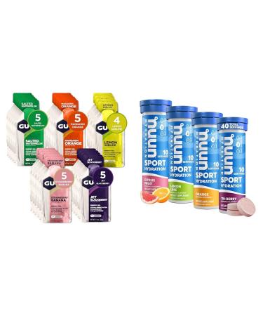 GU Energy Original Sports Nutrition Energy Gel 24-Count Assorted Fruity Flavors & Nuun Sport Electrolyte Tablets for Proactive Hydration Mixed Citrus Berry Flavors 4 Pack (40 Servings)