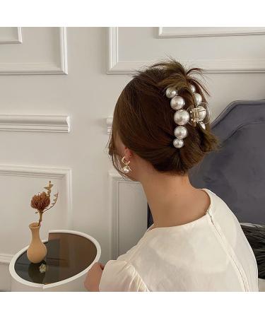 Elegant Geometric Pearl Hair Claw for Women and Girls | Non-Slip White Acetate Hair Clip for Thick and Thin Hair | Rhinestone Detailing - Buy Online on GoSupps.com