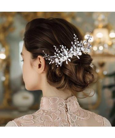 Fashion Band Hair Comb with Flower - Silver Bridal Jewelry with Crystals & Leaf Accents | Elegant Hair Accessories for Women & Girls - Buy Online on GoSupps.com
