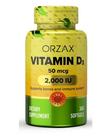 ORZAX Vitamin D3 2000 iu Softgels 360 Days Supply Supports Immune System & Bone Healths Mood Booster D3 Vitamin Gluten-Free 50 mcg 360 Mini Softgel