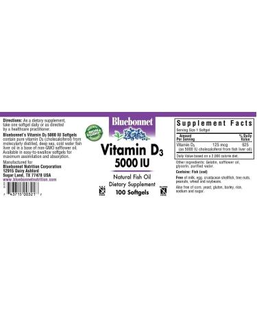 Bluebonnet Vitamin D3 125 mcg (5000 IU) - 100 Softgels | High Potency Supplement - Buy Online on GoSupps.com