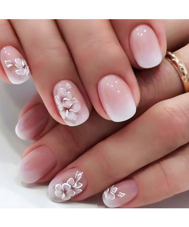 Pink Gradient Press on Nails with Flower Design Glossy Short Square False Nails Gel Glue on Nails Ombre Smudge Manicure Art Acrylic Fake Nails Stick on Nails for Coquette Women 24Pcs Design O