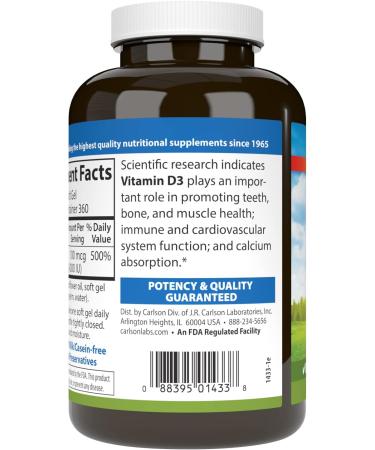 Carlson - Vitamin D3 4000 IU (100 mcg), Immune Support, Bone Health, Muscle Health, Cholecalciferol, Vitamin D Supplements, Vitamin D3 Soft Gels, 360 Softgels - Buy Online on GoSupps.com
