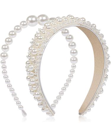WantGor Pearl Headbands for Women  2PCS Faux Pearl Hairbands Bridal White Headband Wedding Hair Hoop Accessories