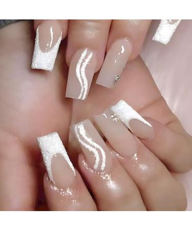 Long Ballet Nails French Tip Press on Nails with Nail Tips Glitter Ripple French False NailRhinestones Design press on nails Acrylic False Nails Cute Artificial Nails for Women and Girls