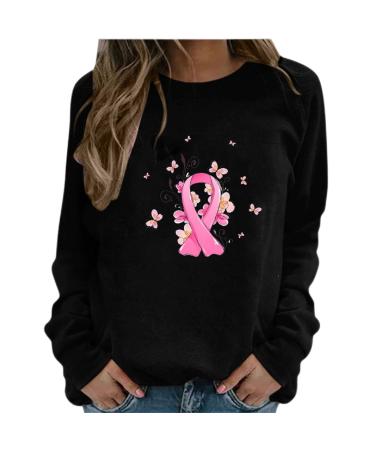 Yihaojia Womens Fall Blouse Crewneck Long Sleeve Shirts Trendy Print Lightweight Casual Breast Cancer Shirts Thin Fall Black#70 XX-Large