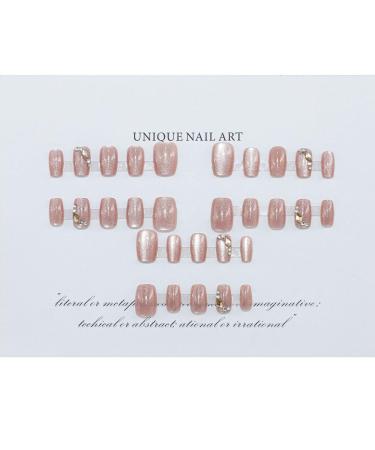 Light Pink Cat Eye Press On Nails Short Square Acrylic Fake Nails with Glitter Rhinestones | 24 Pcs Full Coverage Stick-on Nails for Women & Girls - Buy Online on GoSupps.com