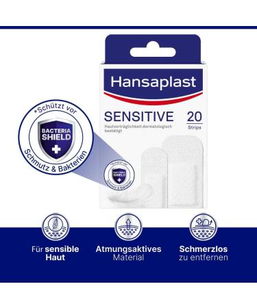 Hansaplast Sensitive Plasters - Skin-Friendly & Hypoallergenic Wound Care (20 Strips) | Bacteria Shield & Safe Adhesive | Painless Healing - Buy Online on GoSupps.com
