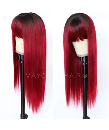 Maycaur Red Synthetic Hair Wig with Full Bangs - Long Straight Black Red Ombre Fashion Wig for Women - Buy Online on GoSupps.com