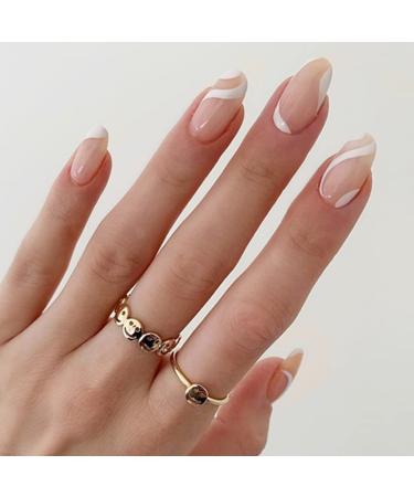 JUSTOTRY 24 Pcs New Swirl Oval Short False Nails White French Press on Nails Pattern Trendy Round Fake Nails Short with Nail Glue Almond Medium Stick on Nails for Women Nails Fake Nail for Nails Art white&wavy 1