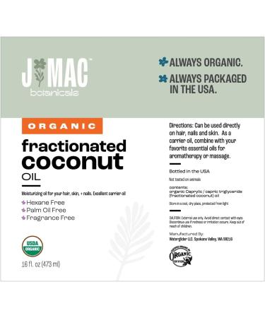 J Mac Botanicals Organic Fractionated Coconut Oil (16 oz. with a Pump) Carrier Oil for diluting Essential Oils Leave in Conditioner for Dry Damaged Hair Skin Massage - Buy Online on GoSupps.com