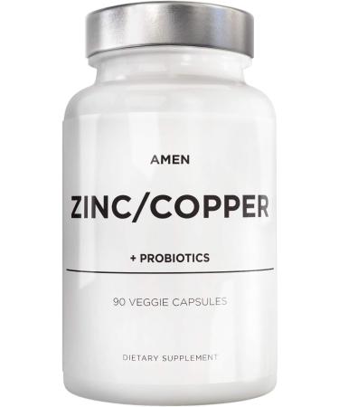 Amen Zinc & Copper Supplement + Probiotics, 3 Months Supply, One Per Day - 50 mg Zinc Picolinate Vitamin Pills - Essential Minerals Supplements  2 Billion CFUs Probiotic  Vegan, Non-GMO, 90 Capsules 1
